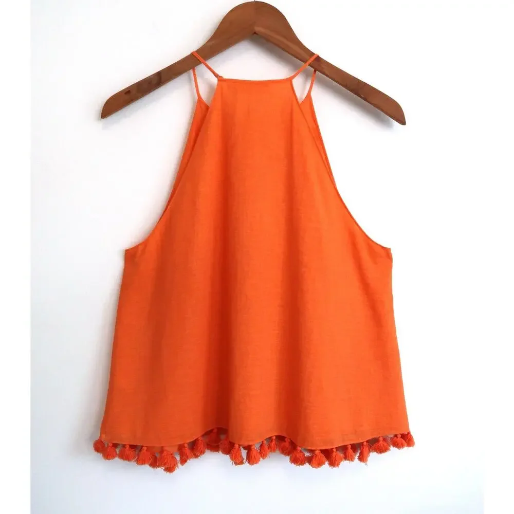 TORY BURCH Lindsay Cotton Tassel Trapeze Halter Tank Top Net-A-Porter 8 M $375